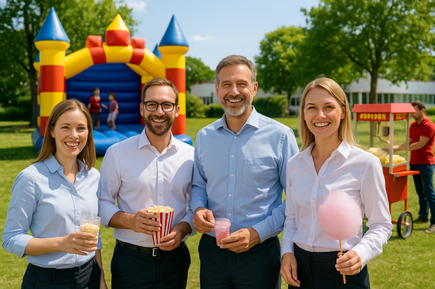 Vier Personen vor Hüpfburg, Popcornwagen und Zuckerwatte bei einem Firmenevent im Freien